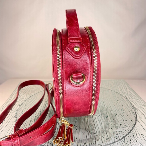 Red Round Crossbody Bag Purse with Cutout Design & Tassel Detail - Picture 6 of 13